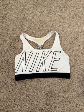 Nike White and Black Logo Elastic-Band Sports Bra